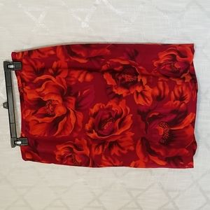 Moda Seta Womens Red Silk Floral Pentil Skirt Size 12 Romantic Office